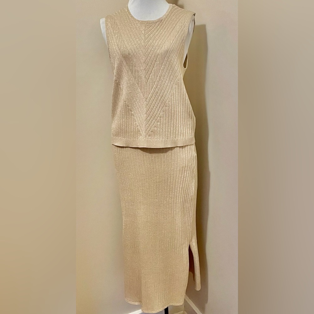Nanette Lepore Gold Knit Sweater and Skirt Set